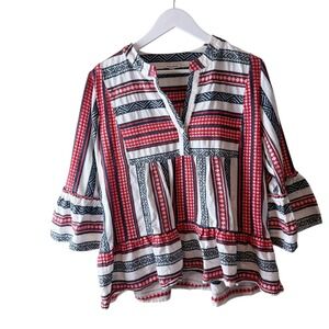 Alba Moda Embroidered Tunic Blouse Red‎ White Blue Geometric Print Bell Sleeve